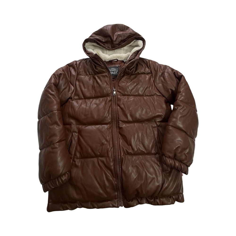 Levis Puffer Jacket Mens M Brown Faux Leather Hooded Sherpa Lined Streetwear